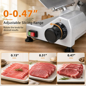 Commercial Meat Slicer with 10" Carbon Steel Blade and 0-0.47" Adjustable Thickness for Frozen Meat Cheese-Silver