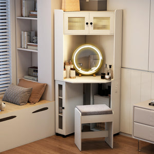 Compact Dressing Corner Vanity Desk with Mirror and Lights-White
