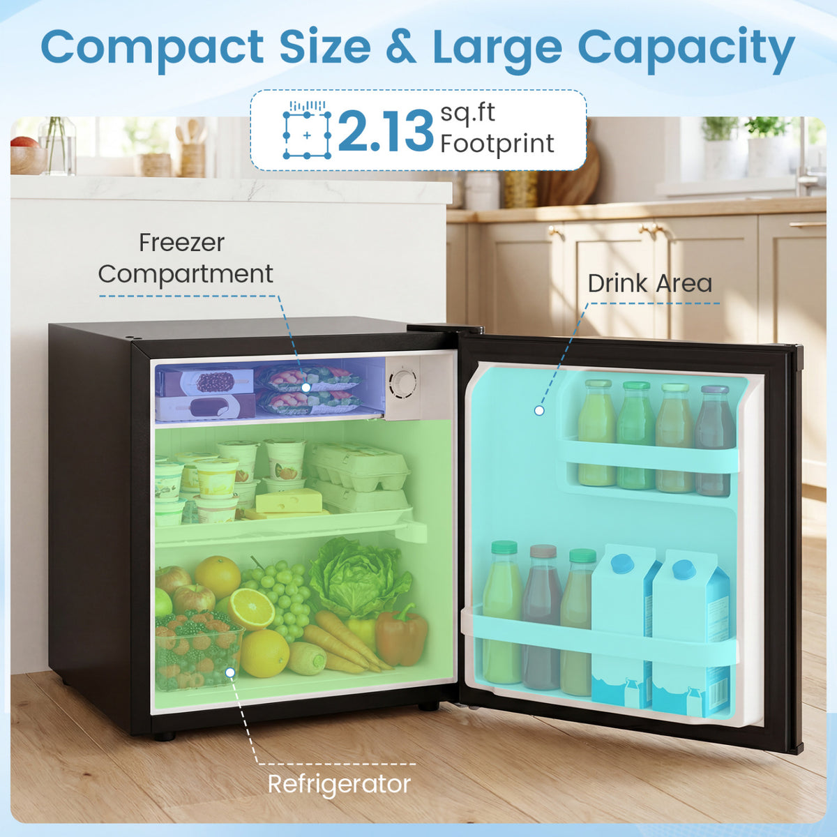 Compact Mini Fridge with 7-Level Adjustable Thermostat-Black