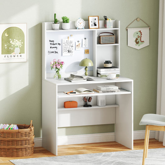 Compact Office Computer Desk with Hutch Magnetic Whiteboard-White