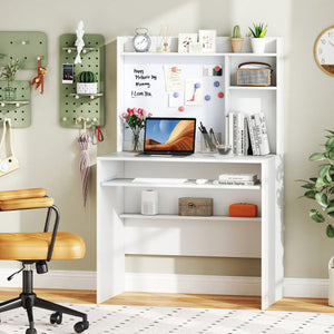 Compact Office Computer Desk with Hutch Magnetic Whiteboard-White