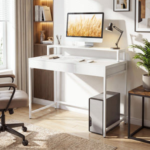 Compact Office Desk with Removable Monitor Shelf and Dual-use Drawer-White