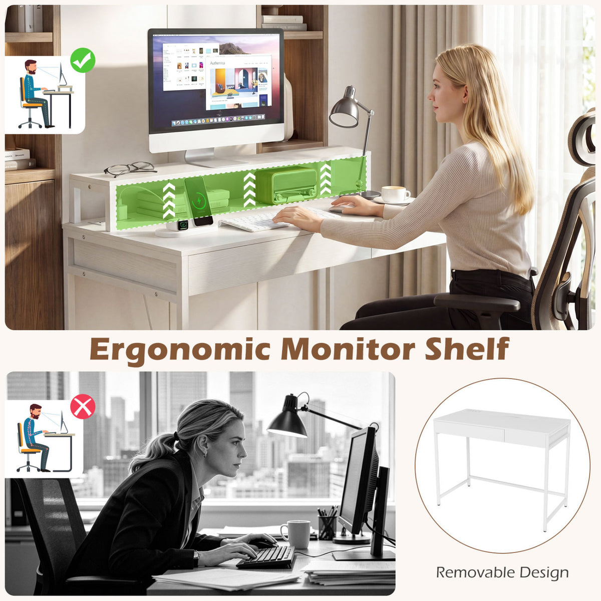 Compact Office Desk with Removable Monitor Shelf and Dual-use Drawer-White