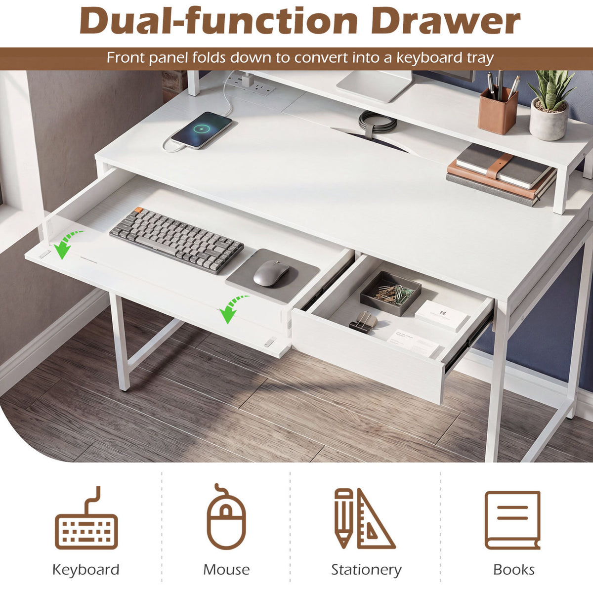 Compact Office Desk with Removable Monitor Shelf and Dual-use Drawer-White