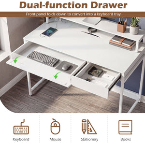 Compact Office Desk with Removable Monitor Shelf and Dual-use Drawer-White