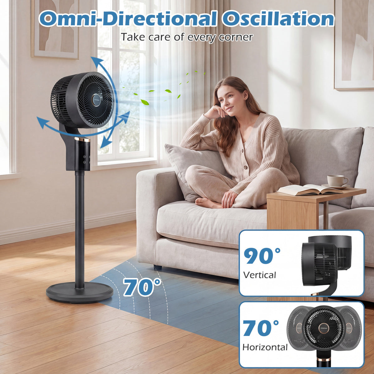Compact Oscillating Standing Fan with 70Â° Oscillation and 90Â° Tilt for Home Office-Black