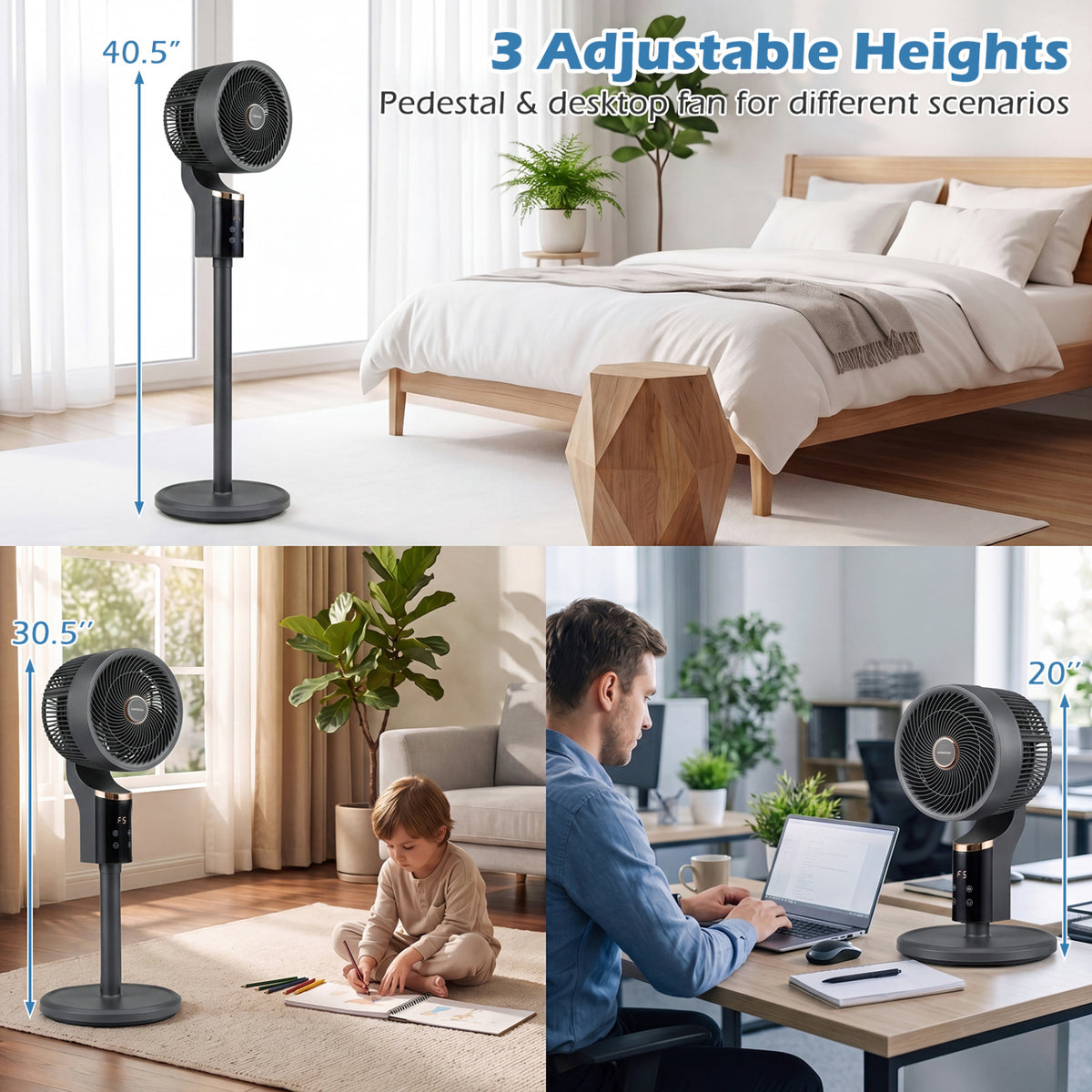 Compact Oscillating Standing Fan with 70Â° Oscillation and 90Â° Tilt for Home Office-Black