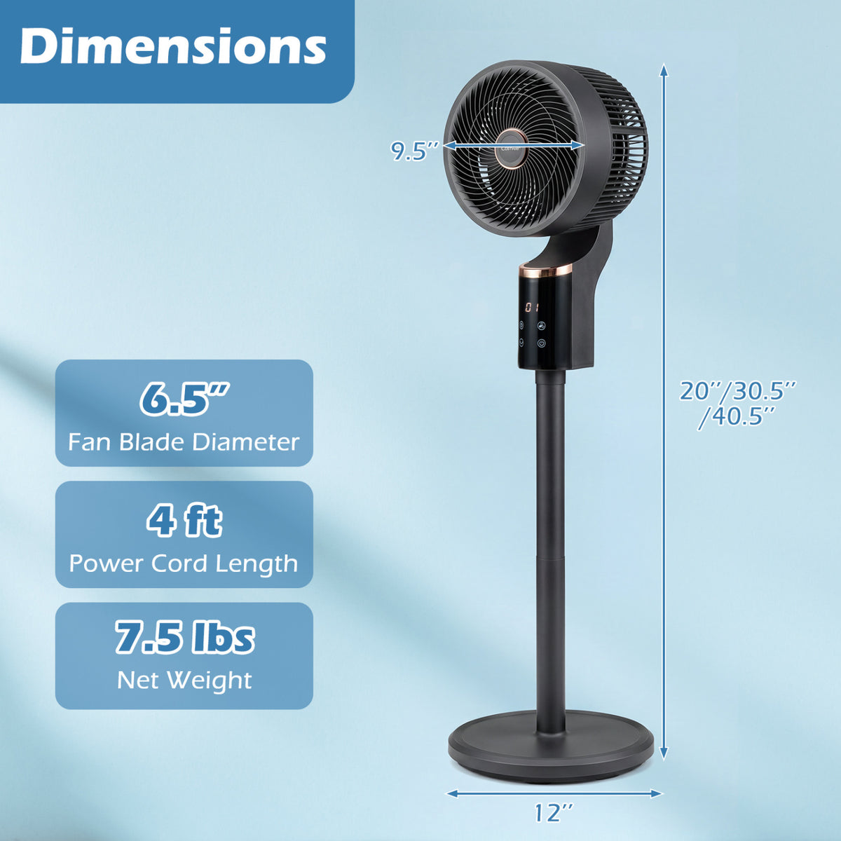 Compact Oscillating Standing Fan with 70Â° Oscillation and 90Â° Tilt for Home Office-Black