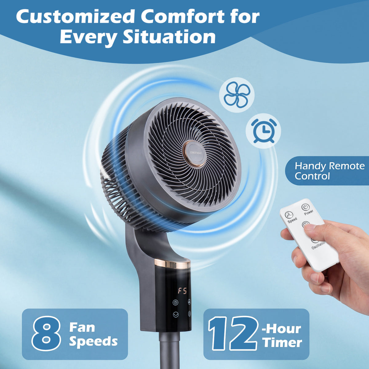 Compact Oscillating Standing Fan with 70Â° Oscillation and 90Â° Tilt for Home Office-Gray