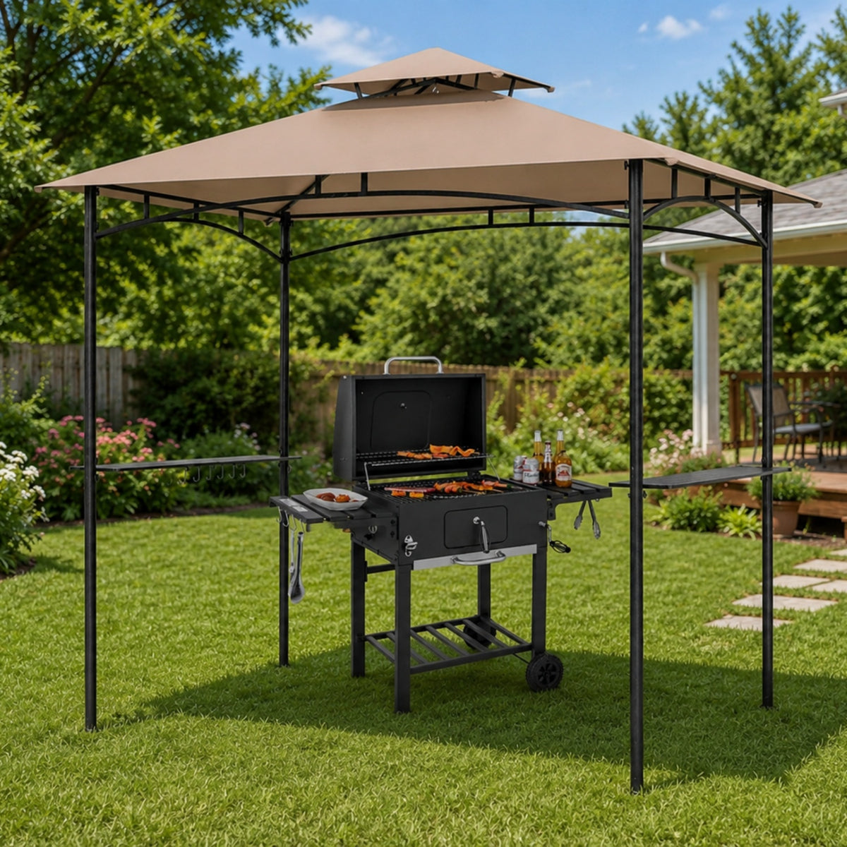 Complete BBQ Station with 8x5 FT Waterproof Grill Gazebo and Outdoor Charcoal Grill
