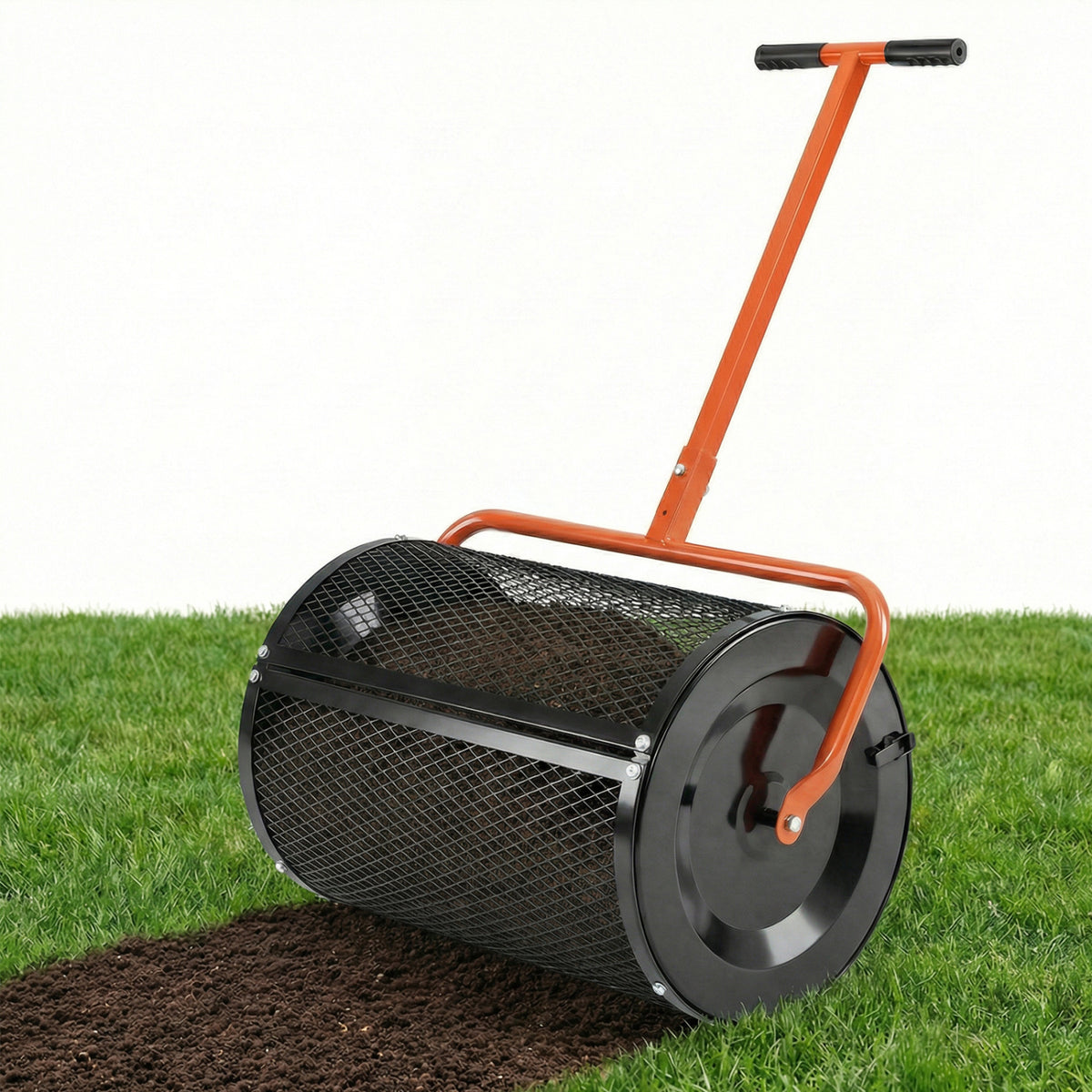 Compost Spreader 24 Inch Peat Moss Spreader Roller with Height-adjustable T-shape Handle-Orange