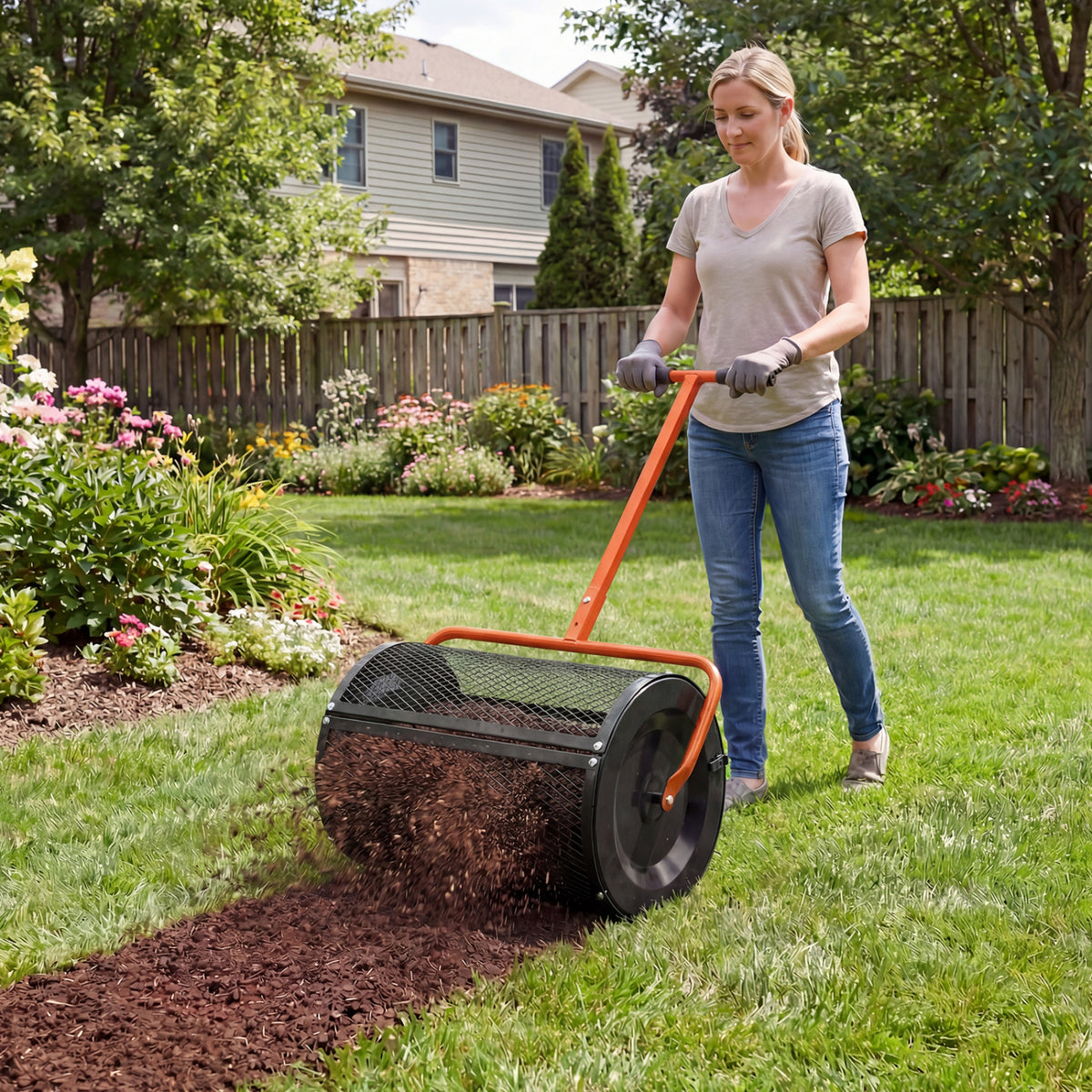 Compost Spreader 24 Inch Peat Moss Spreader Roller with Height-adjustable T-shape Handle-Orange