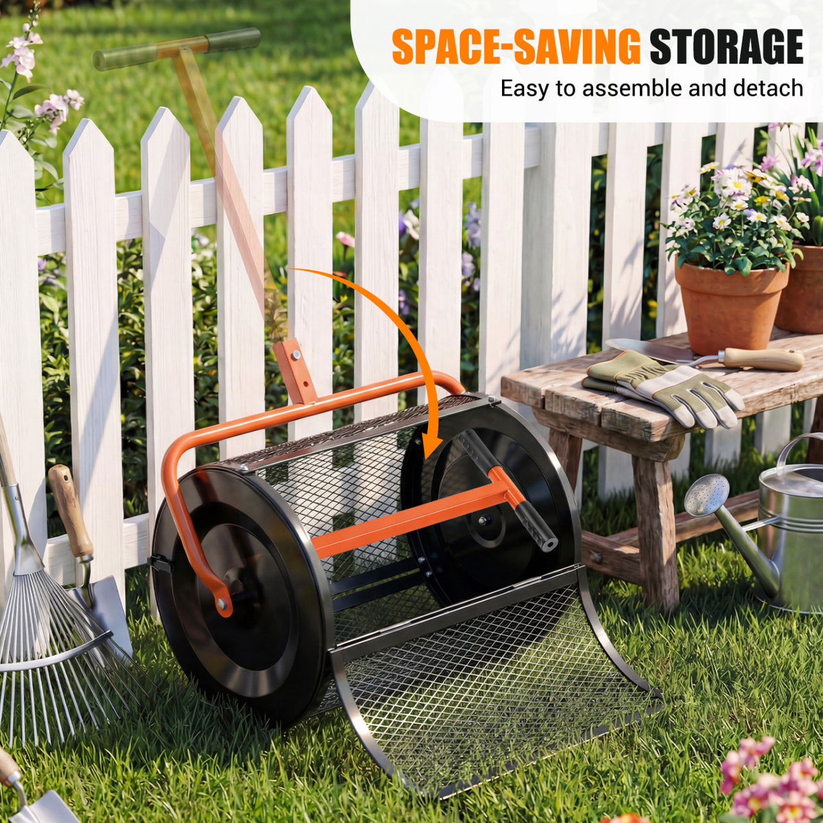 Compost Spreader 24 Inch Peat Moss Spreader Roller with Height-adjustable T-shape Handle-Orange