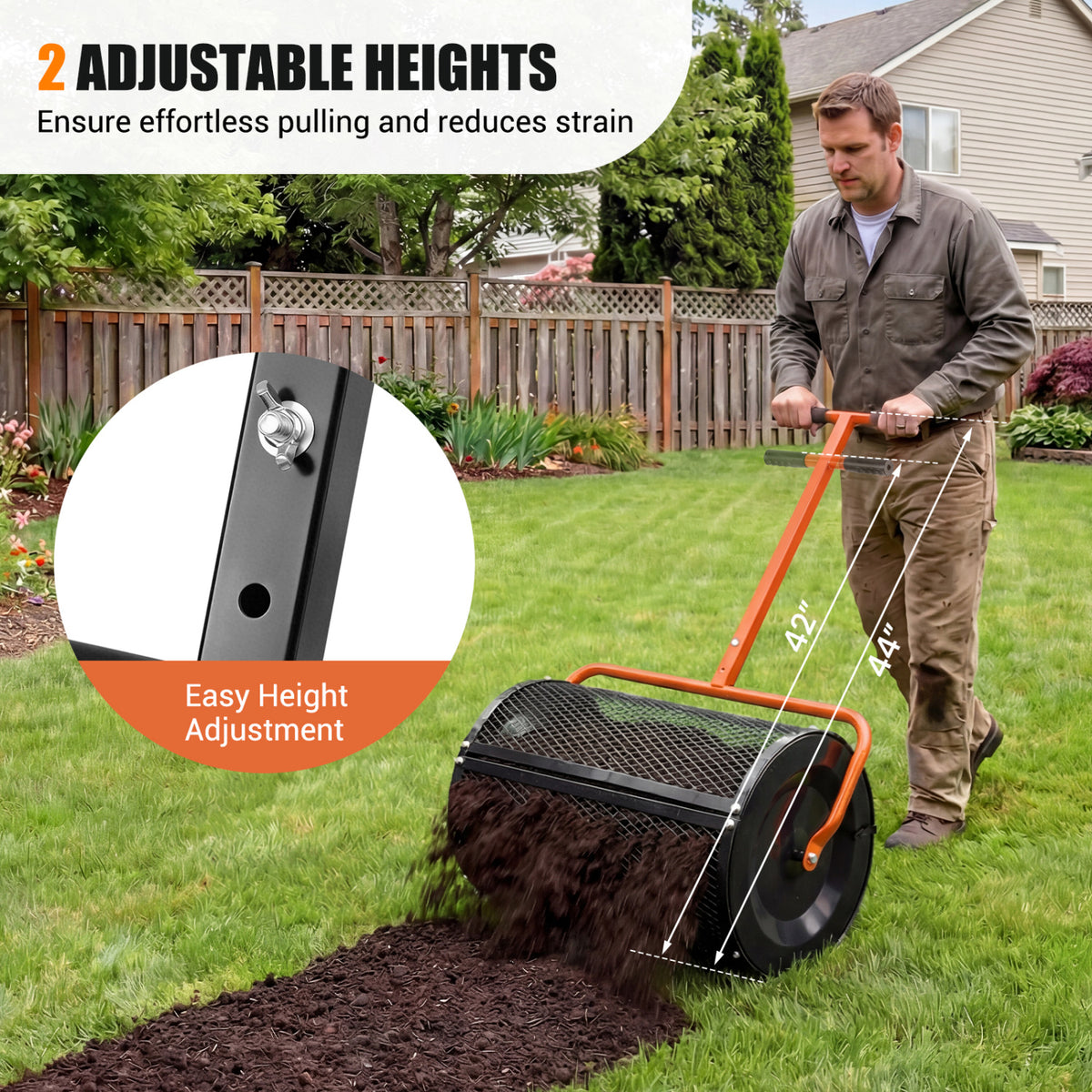 Compost Spreader 24 Inch Peat Moss Spreader Roller with Height-adjustable T-shape Handle-Orange