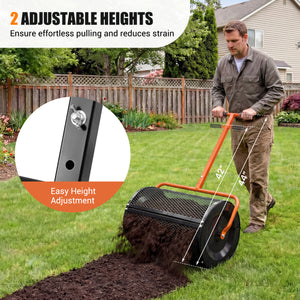 Compost Spreader 24 Inch Peat Moss Spreader Roller with Height-adjustable T-shape Handle-Orange