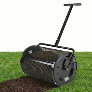 Compost Spreader 24 Inch Peat Moss Spreader Roller with Height-adjustable T-shape Handle-Black