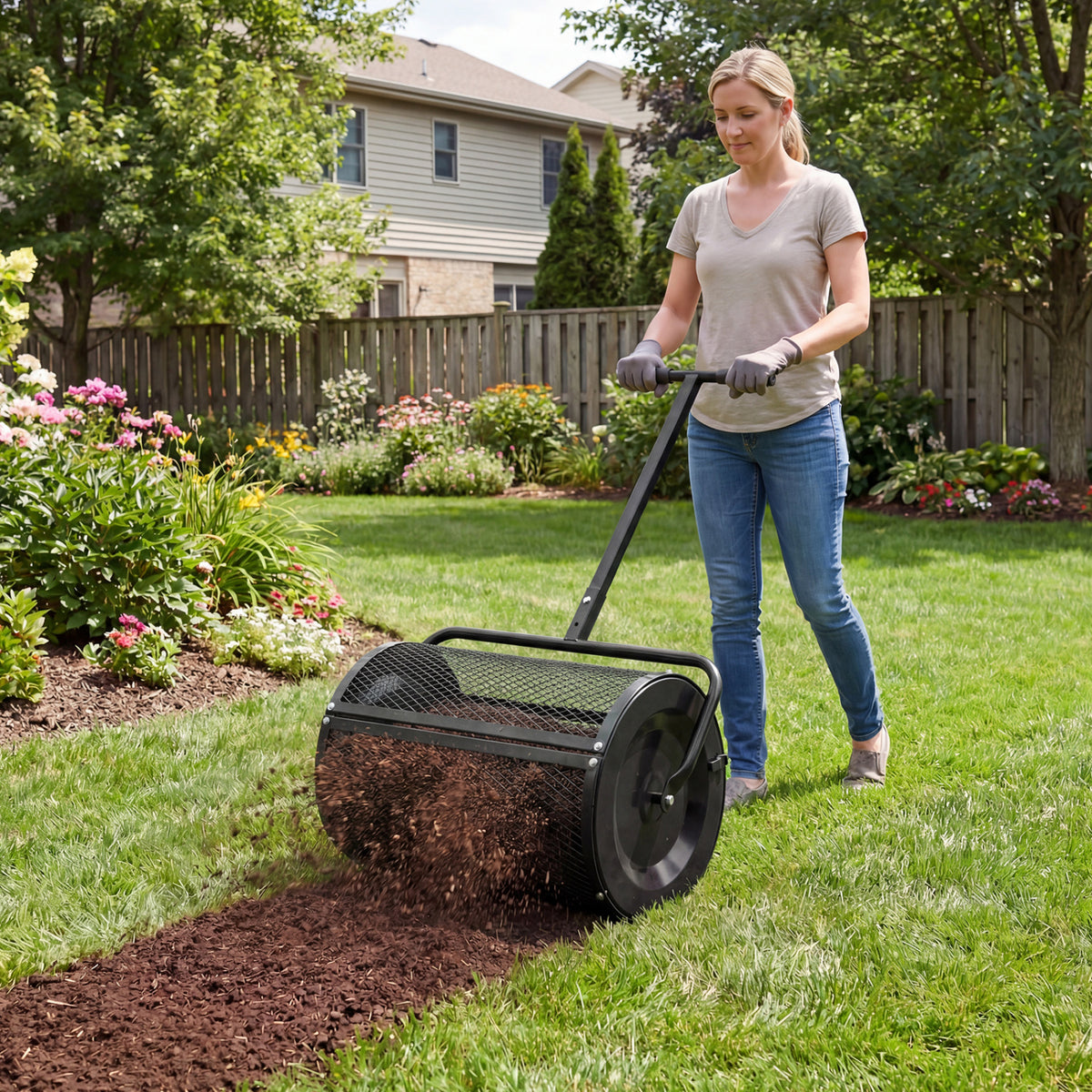 Compost Spreader 24 Inch Peat Moss Spreader Roller with Height-adjustable T-shape Handle-Black