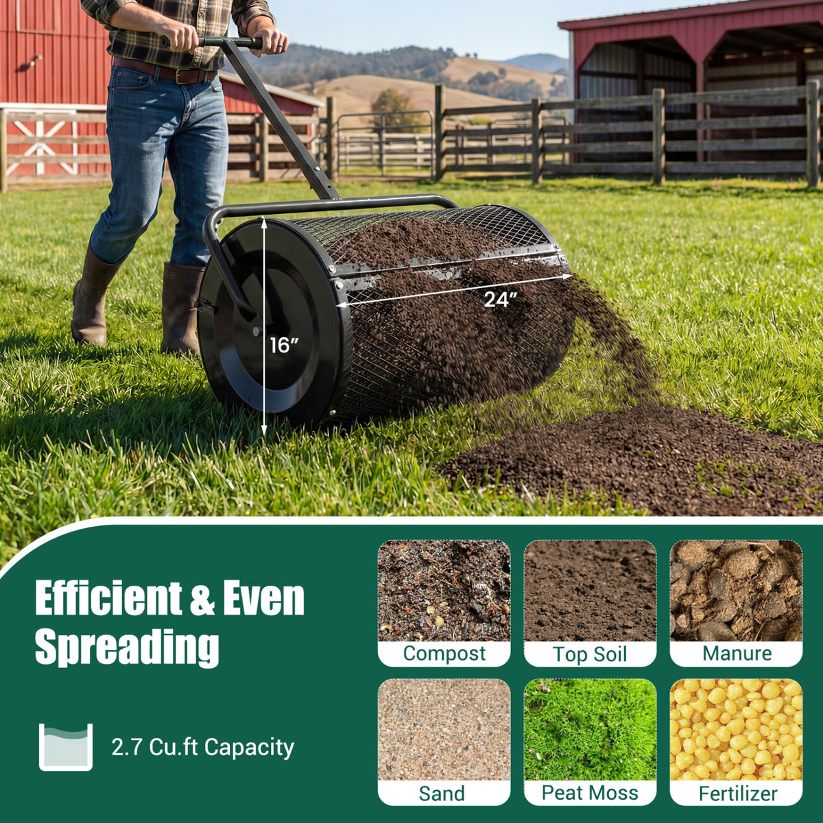 Compost Spreader 24 Inch Peat Moss Spreader Roller with Height-adjustable T-shape Handle-Black
