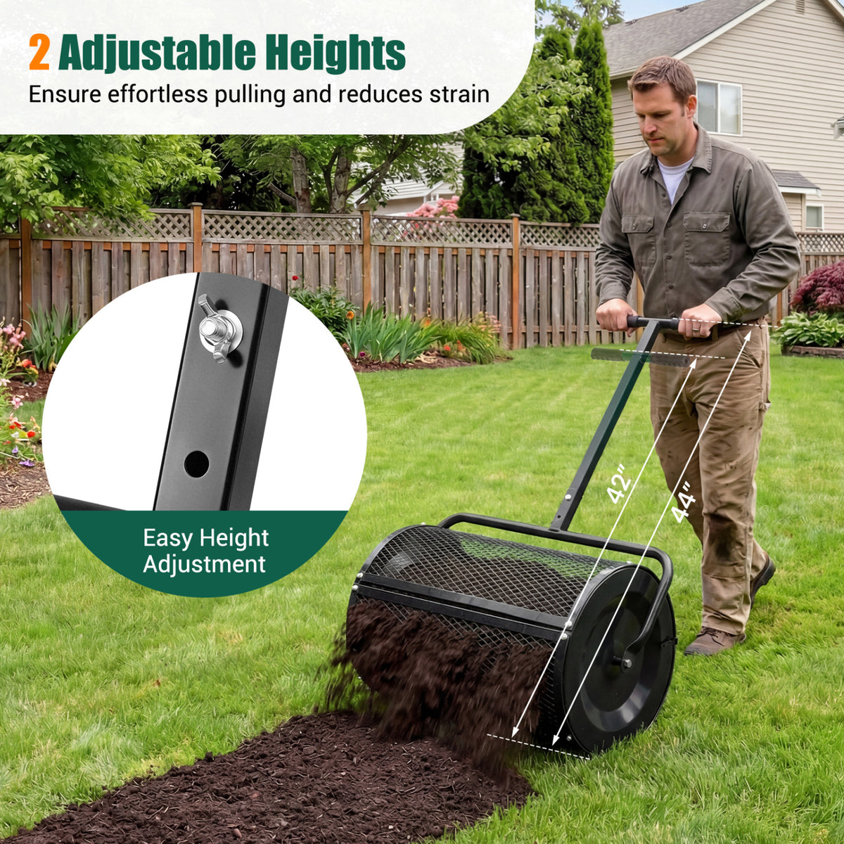 Compost Spreader 24 Inch Peat Moss Spreader Roller with Height-adjustable T-shape Handle-Black