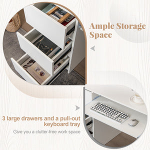 Computer Desk with Power Outlet Keyboard Tray and 3 Large Drawers-White