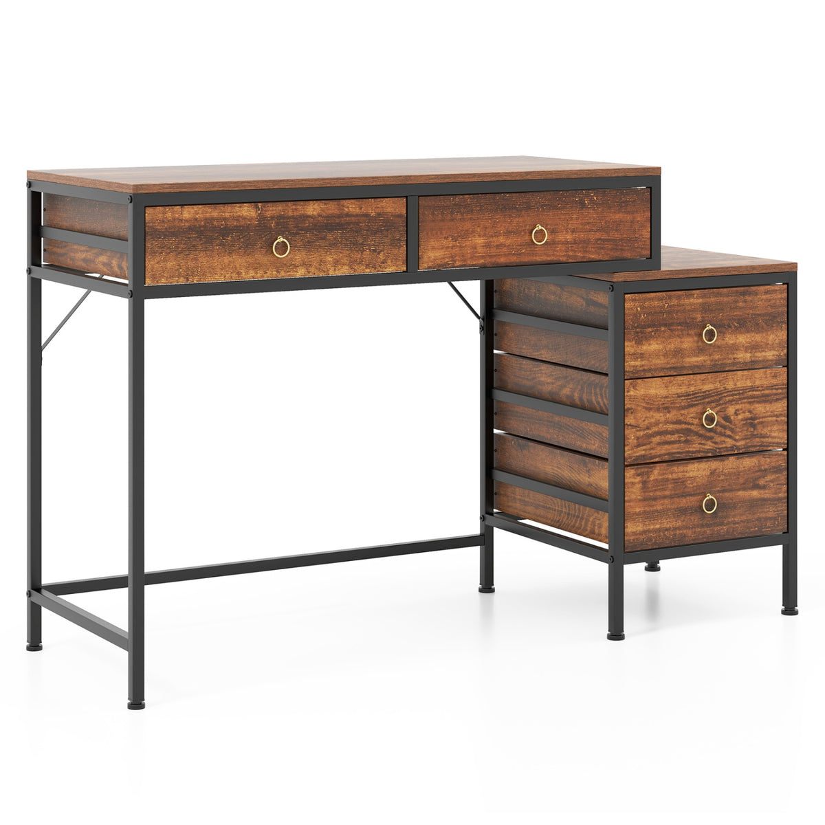 Computer Desk with 5 Drawers Home Office Desk with Side File Cabinet-Rustic Brown