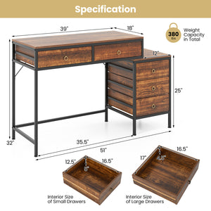 Computer Desk with 5 Drawers Home Office Desk with Side File Cabinet-Rustic Brown