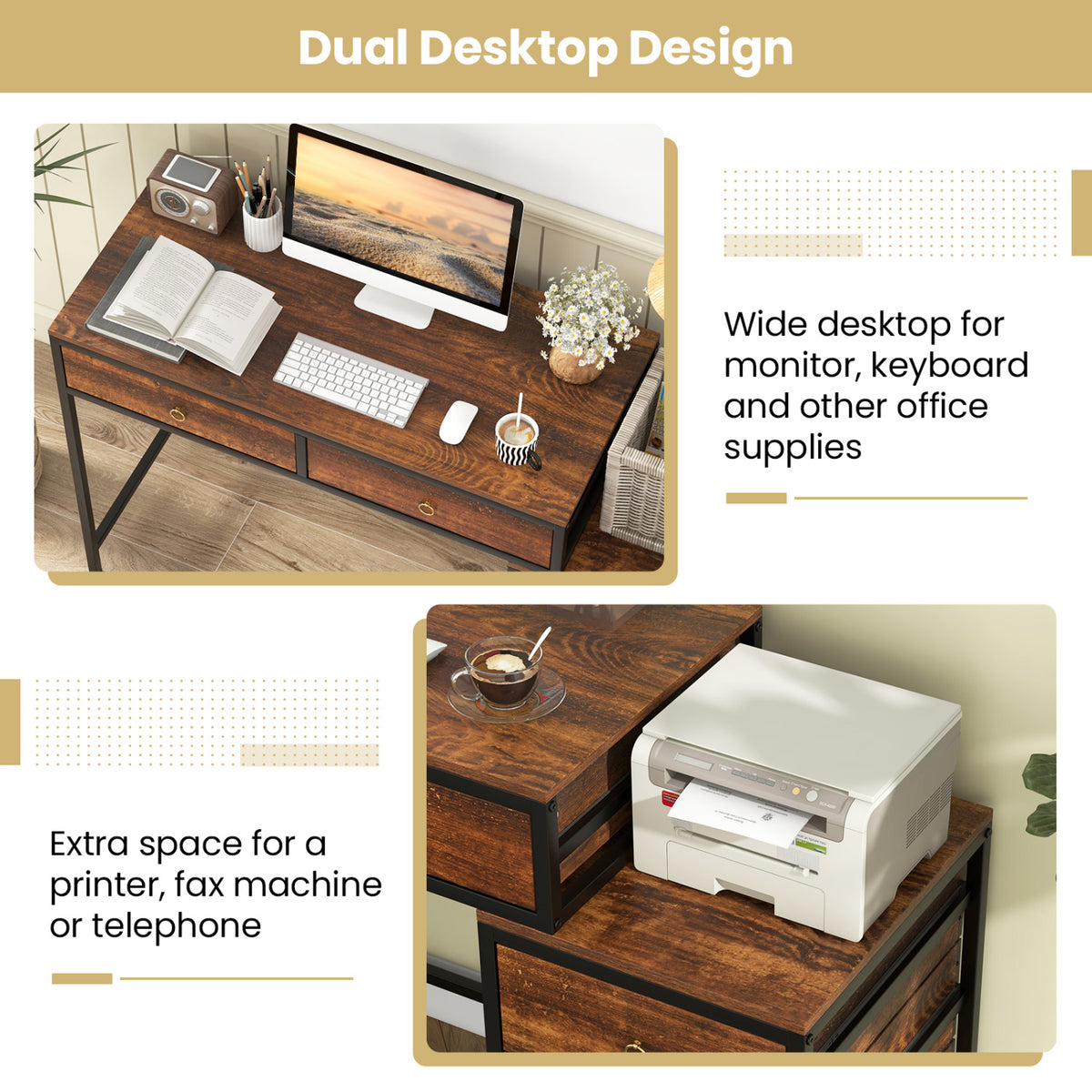 Computer Desk with 5 Drawers Home Office Desk with Side File Cabinet-Rustic Brown