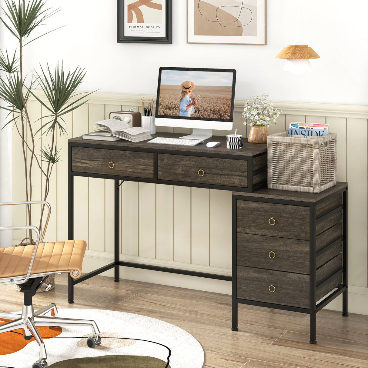 Computer Desk with 5 Drawers Home Office Desk with Side File Cabinet-Grey
