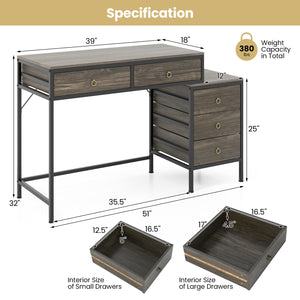 Computer Desk with 5 Drawers Home Office Desk with Side File Cabinet-Grey
