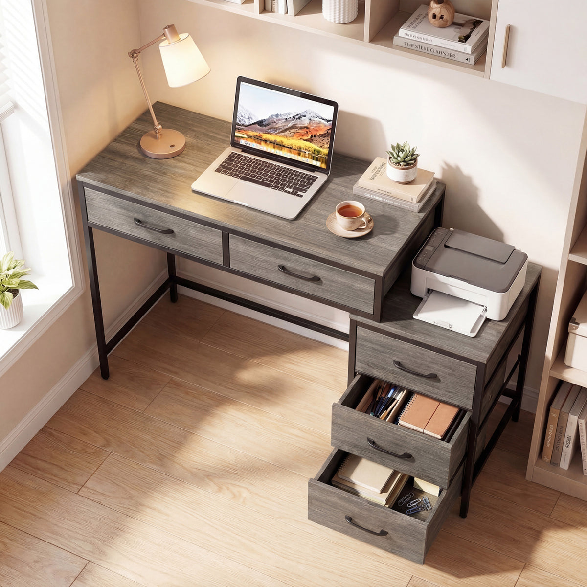 Computer Desk with 5 Drawers and Printer Stand for Bedroom and Small Spaces-Oak