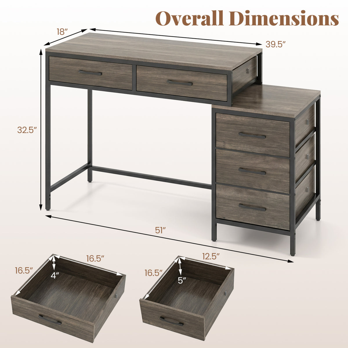 Computer Desk with 5 Drawers and Printer Stand for Bedroom and Small Spaces-Oak