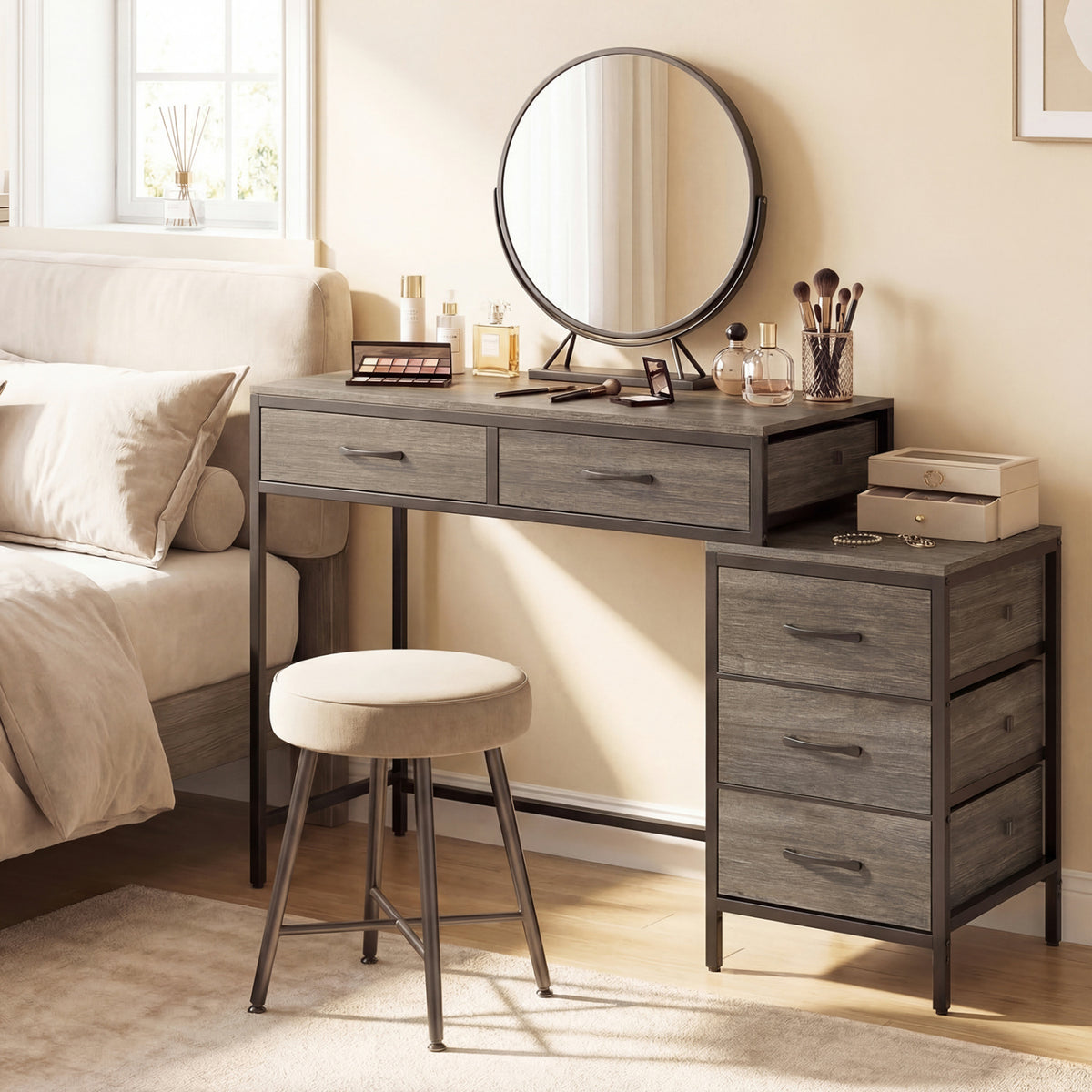 Computer Desk with 5 Drawers and Printer Stand for Bedroom and Small Spaces-Oak