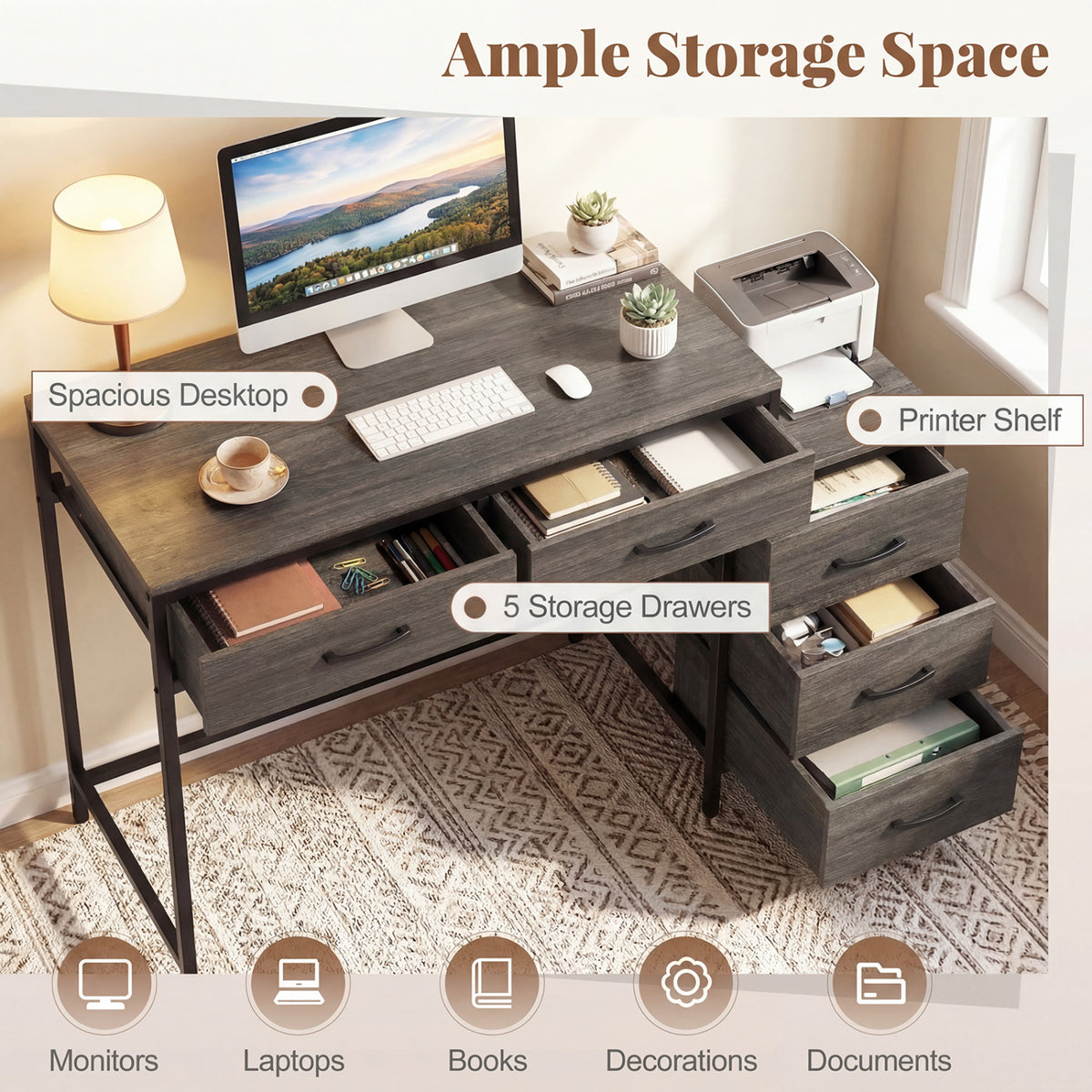 Computer Desk with 5 Drawers and Printer Stand for Bedroom and Small Spaces-Oak