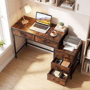 Computer Desk with 5 Drawers and Printer Stand for Bedroom and Small Spaces-Rustic Brown