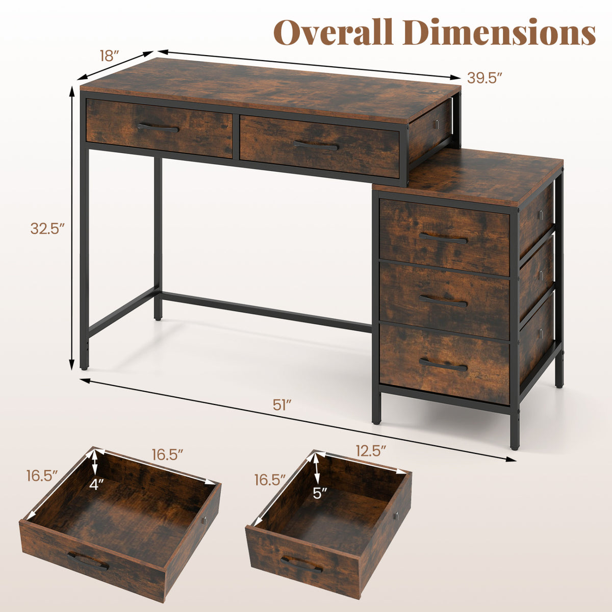 Computer Desk with 5 Drawers and Printer Stand for Bedroom and Small Spaces-Rustic Brown