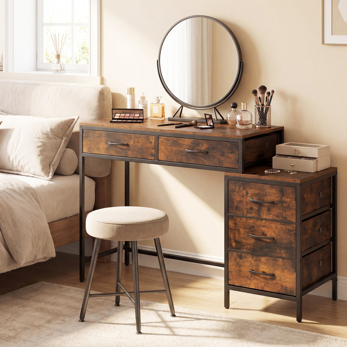 Computer Desk with 5 Drawers and Printer Stand for Bedroom and Small Spaces-Rustic Brown