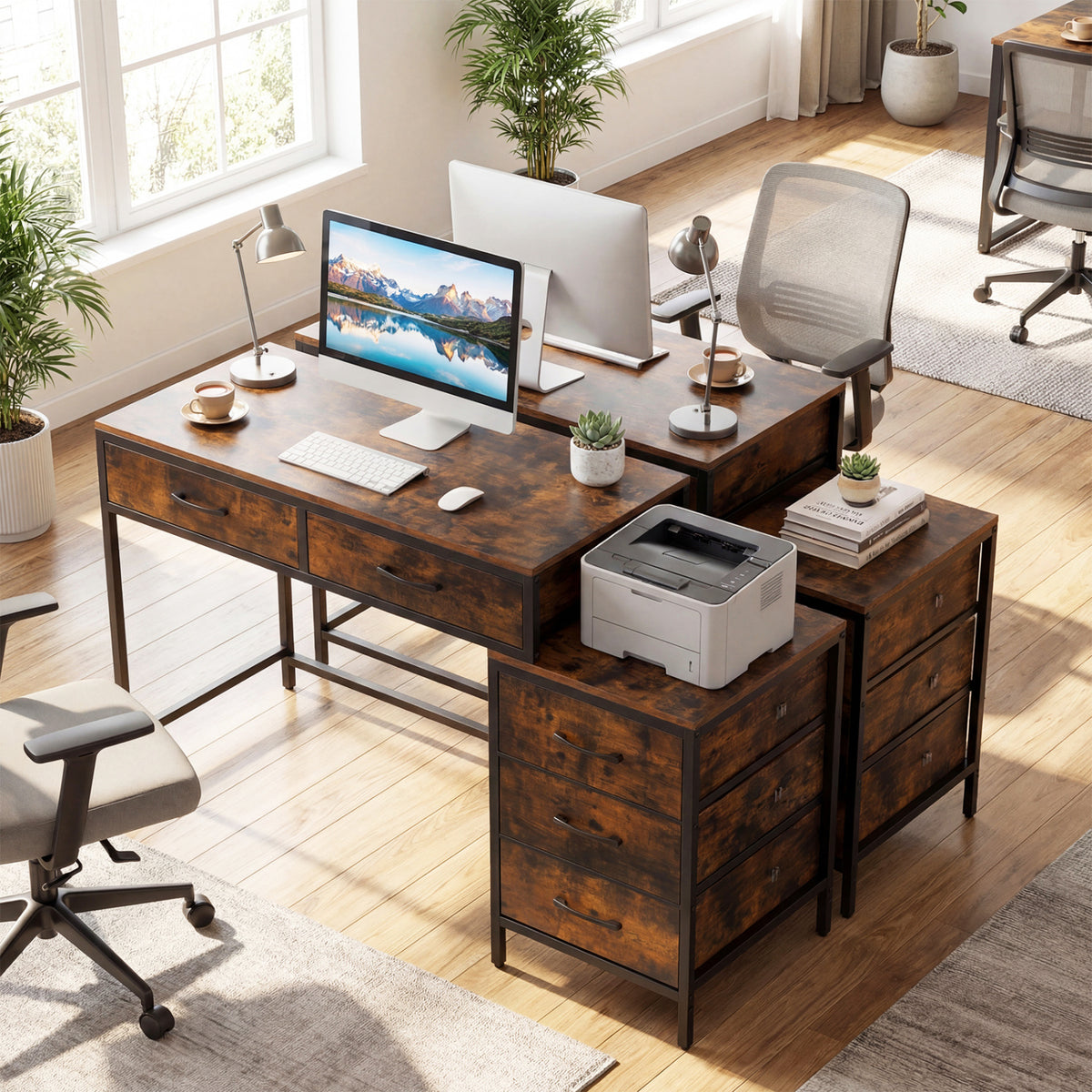 Computer Desk with 5 Drawers and Printer Stand for Bedroom and Small Spaces-Rustic Brown