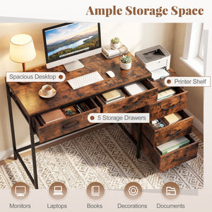 Computer Desk with 5 Drawers and Printer Stand for Bedroom and Small Spaces-Rustic Brown