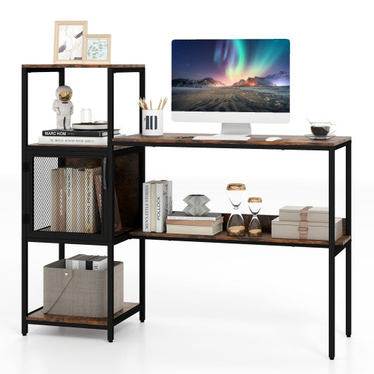 Computer Desk with Bookshelf Home Office Desk with Storage Cabinet and Shelves-Rustic Brown