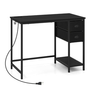 Computer Desk with Charging Station and 2 Fabric Drawers for Small Spaces-Black