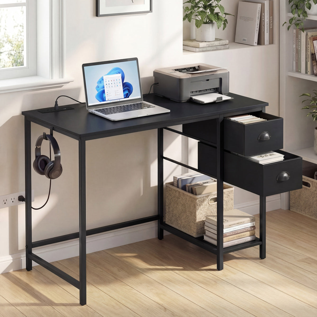Computer Desk with Charging Station and 2 Fabric Drawers for Small Spaces-Black