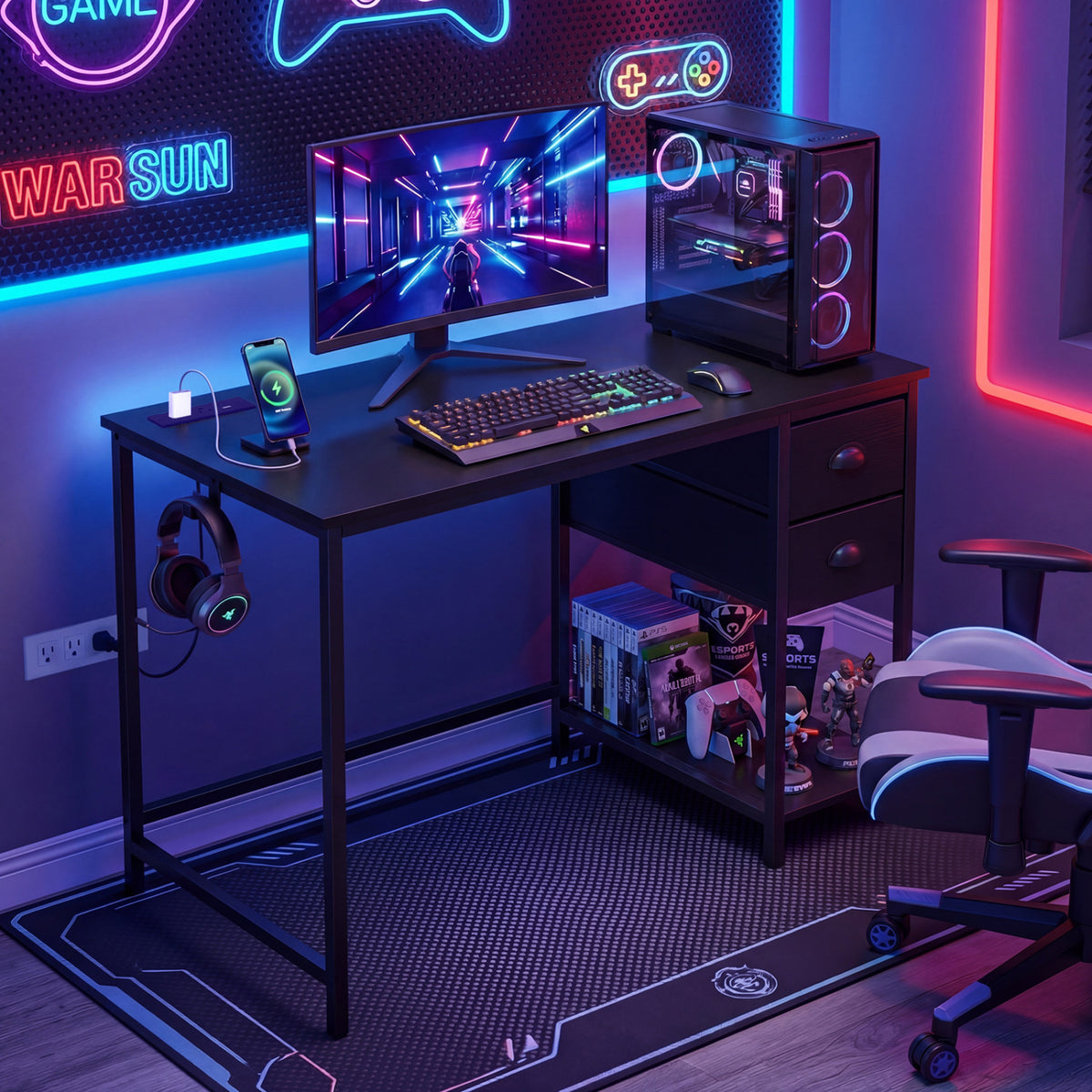 Computer Desk with Charging Station and 2 Fabric Drawers for Small Spaces-Black