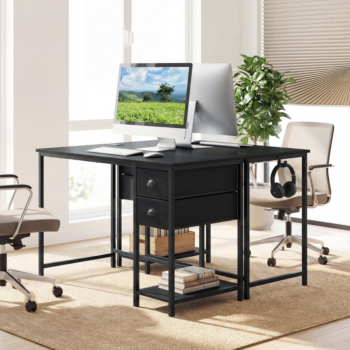 Computer Desk with Charging Station and 2 Fabric Drawers for Small Spaces-Black