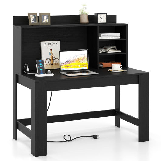 Modern Computer Desk with Hutch and Storage Shelves-Black