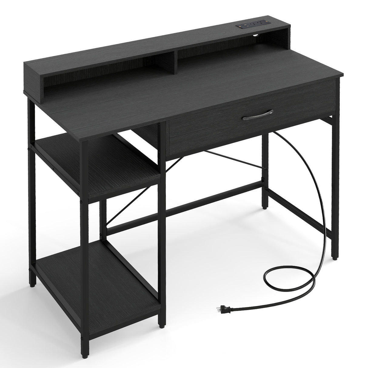 Computer Desk with Power Outlets 42inch Writing Desk with Hutch Drawer and 2 Open Shelves-Black