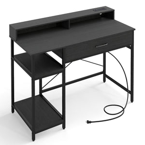 Computer Desk with Power Outlets 42inch Writing Desk with Hutch Drawer and 2 Open Shelves-Black