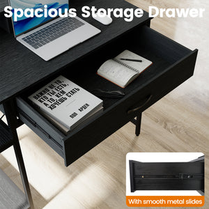 Computer Desk with Power Outlets 42inch Writing Desk with Hutch Drawer and 2 Open Shelves-Black