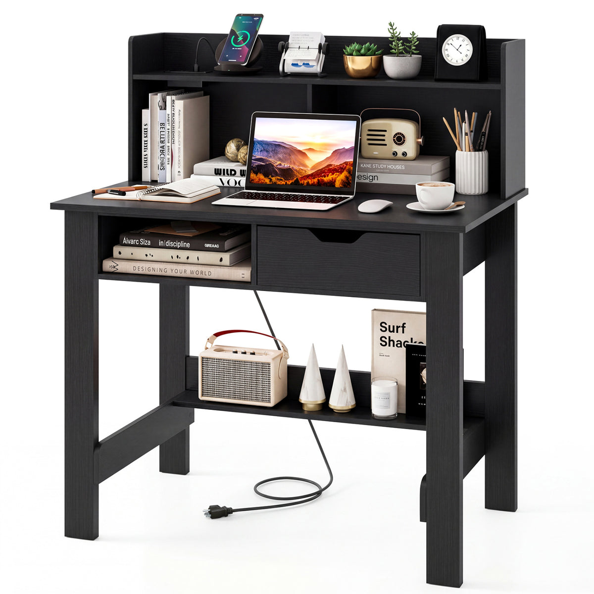 Computer Desk with Power Outlets USB Ports and Type-C-Black
