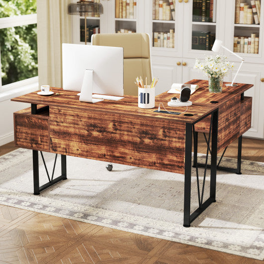 L-shaped Computer Desk with Power Outlets and 3 Storage Drawers-Rustic Brown
