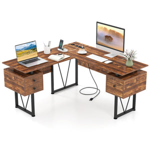 L-shaped Computer Desk with Power Outlets and 3 Storage Drawers-Rustic Brown